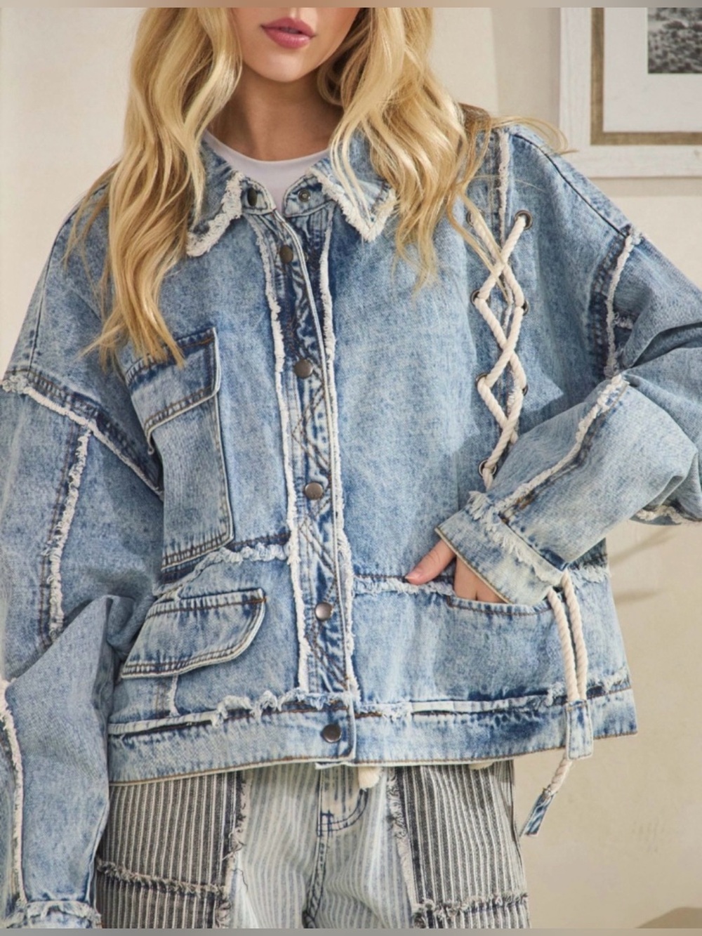 H203 New Oli & Hali M ptp26 Light Blue Washed Denim Jacket with Rope Lacing